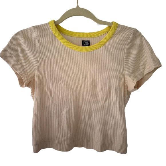 Urban Outfitters Ribbed Baby Tee | Tan with Yellow Neckline - Picture 1 of 2